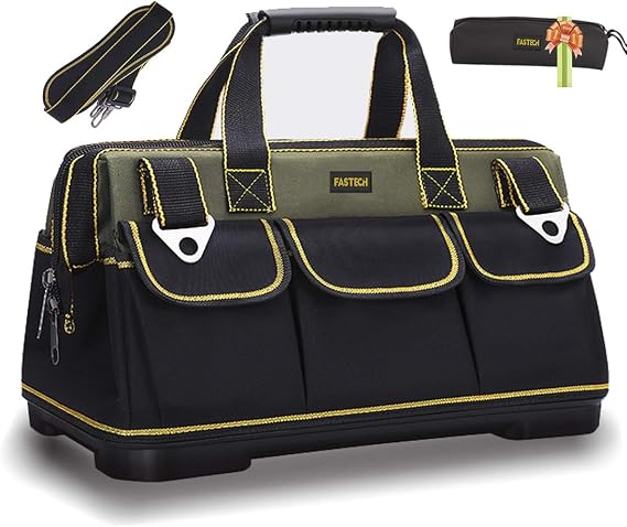 FASTECH 22-inch Wide Mouth Tool Bag with Water Proof Molded Base,Wide Mouth Tool Tote Bag,Waterproof Tool Organizer Bag for Men with Adjustable Shoulder Strap (22 inch)