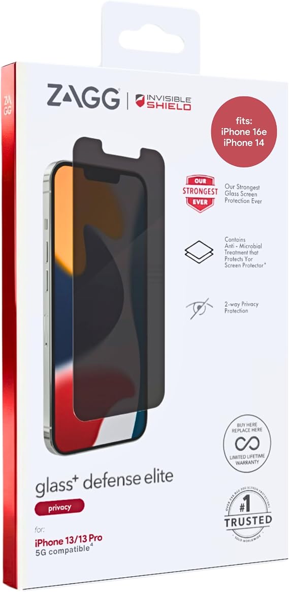 ZAGG Glass+ Defense Elite Screen Protector Privacy for iPhone 17e/16e, iPhone 14/13/13 Pro - 5X Stronger, 2-Way Privacy Filter, Scratch & Smudge-Resistant, Easy Install