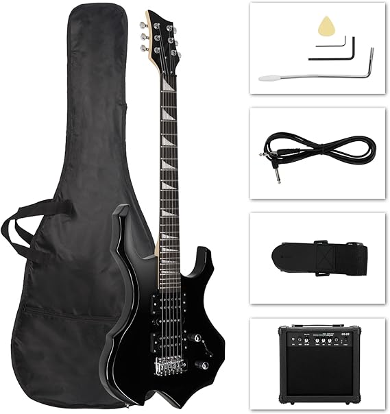 Ktaxon Burning Fire Design Electric Guitar Kit with Amplifier, Black | 36 Inch Beginner Guitar Set with HSH Pickup, Rosewood Fingerboard, 5-Way Pickup Switch, for Musicians Adults