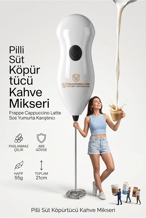 Transformacion Pratik Pilli Süt ve Kahve Köpürtücü Mikser - Mini El Çırpıcısı, Frappe Cappuccino Latte Sos Yumurta Karıştırıcı 723311