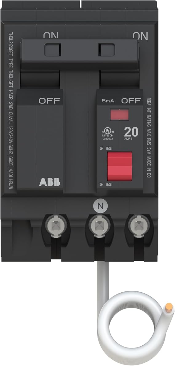 ABB Q-Line THQL2120GFT Ground Fault Circuit Breaker 20 Amp Double-Pole Breaker GFCI Protection 120/240 VAC 10 kAIC Interrupt Rating Plug-On Pigtail Breaker for Load Centers