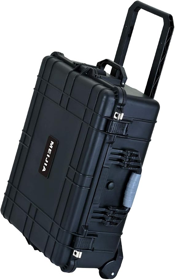MEIJIA Portable Waterproof Protective Case, Hard Camera Case With Retractable Pull Handle And Rolling Wheels, Customizable Fit Foam Inserted, Elegant Black, 24.25 X19.41 X9.76 inche
