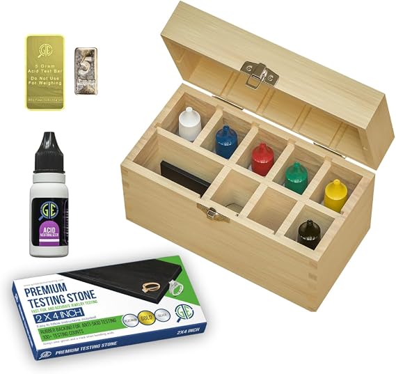 Gold Silver Platinum Jewelry Testing Kit 6 JSP Solutions 10K 14K 18K 22K 24K Silver, Platinum Large Test Stone Neutralizer & Bamboo Box Precious Metal Test Bars
