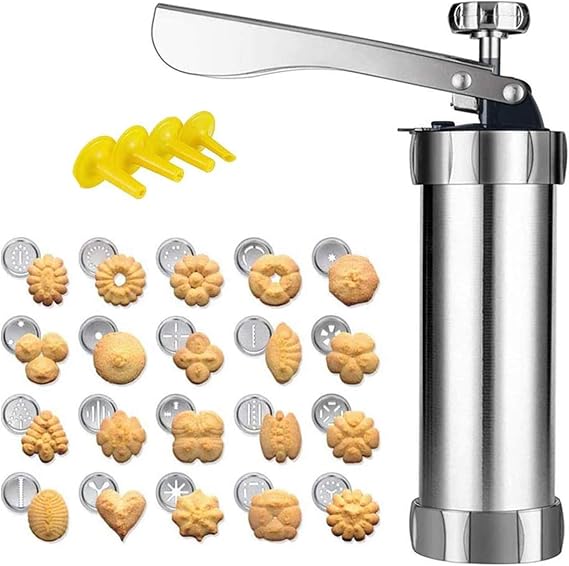 Cookie Press Gun Kit, Stainless Steel Cookie/Cake Icing Decoration Press Gun Kit with 20 Discs and 4 Nozzles for Home DIY, Cupcake Donut Churro Maker and Decoration