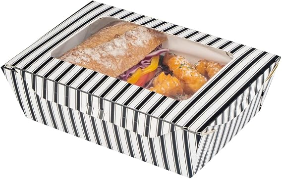 Restaurantware Take Out Boxes 200 Pack of 57 oz Paper Food Containers Greaseproof Sustainable Disposable Black and White Clamshell Take Out Lunch Box Containers for Catering, Bakery, Party