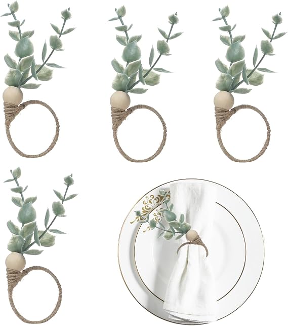 Napkin Rings Set of 4 Eucalyptus Leaf Napkin Rings Boho Wood Beads Farmhouse Napkin Holder for Weddings Christmas Party Table Decoration (Green, 5.7 * 1.7 inches)