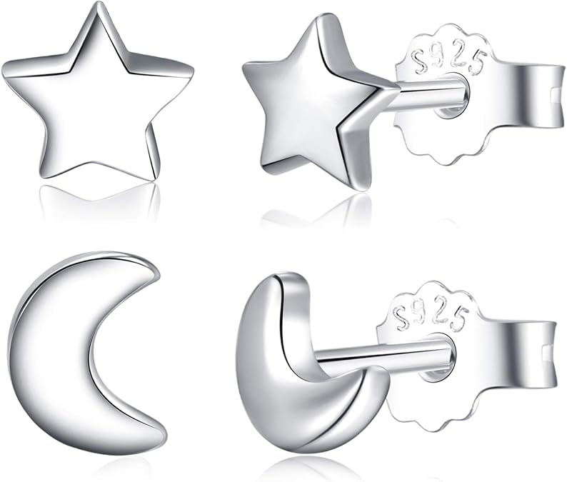 CHIC & ARTSY 925 Sterling Silver Stud Earrings - Dainty Small Satr/Moon/Heart/Cat/Butterfly/Paw Earrings for Women with Box