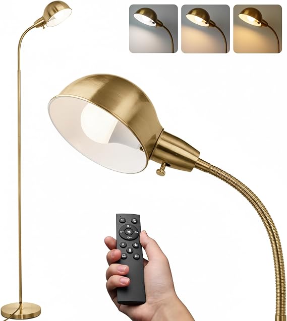 LALISU Modern Metal Dimmable Reading Floor Lamp with Remote, GoldRemote