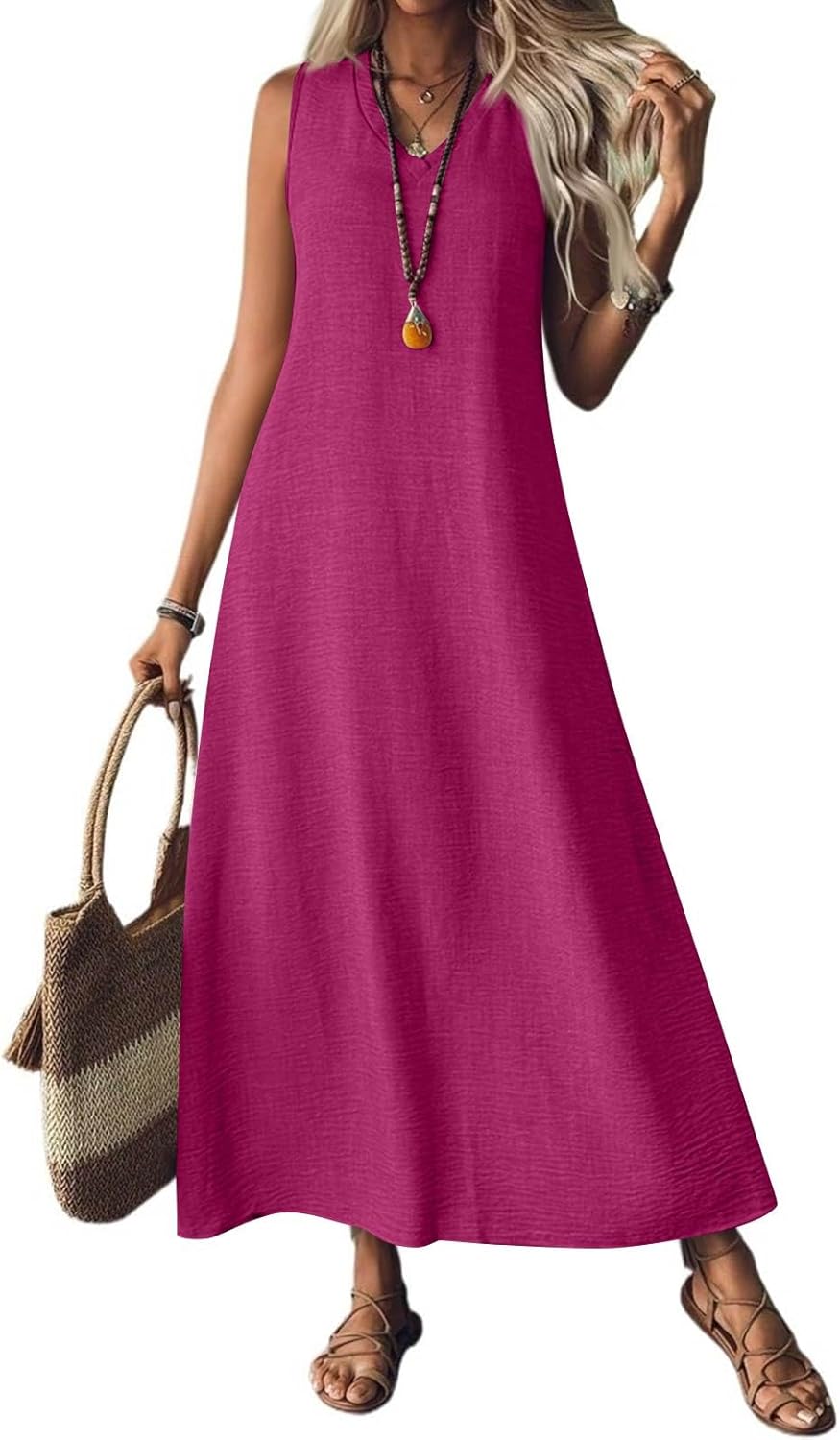 Summer Dresses for Women 2025 Trendy V Neck Sleeveless Solid Color Zip Casual Holiday Cotton Linen Maxi Dresses