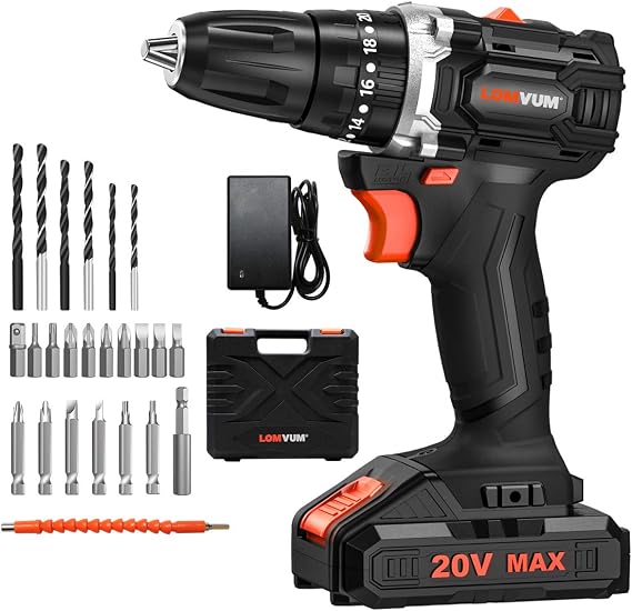 18V Brushless Cordless (20V Max) Drill Battery Powered 2 Speeds, 24 Accessories, Max Torque 38Nm Self-Tightening Chuck 10mm Drill (1*Battery)