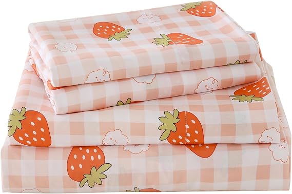 Twin Size Pink Gingham Strawberry Bed Sheets Set Girls Cute Bedsheets