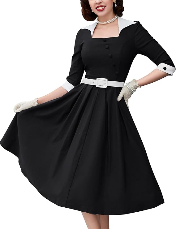 MU Women's 50s Retro Casual Swing Midi Dress 3/4 Sleeve Square A Line Neck Vintage Cocktail Wedding Guest Bodycon Prom