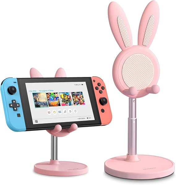 OATSBASF Cell Phone Stand, Adjustable Cute Bunny Phone Stand for Desk, Kawaii Phone Holder Stand, Compatible with All Mobile Phones, iPhone, Kindle, Switch (Pink)
