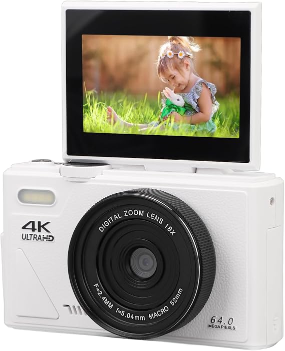 4K Digital Camera 64MP, 18X Zoom Autofocus Retro Compact Camera with 3 Inch Flip Screen for Travel Vlogging, Portable Digital Camera for Beginners Photography (White)