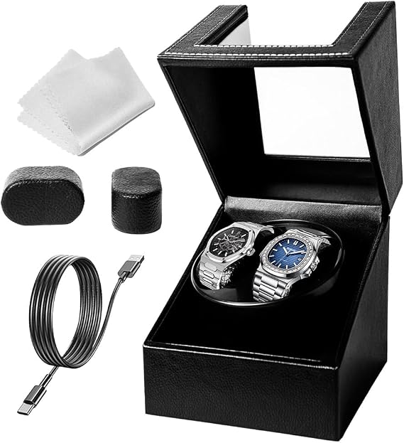Double Automatic Watch Winder, Watch Winders for 2 Watches with Quiet Motor, Soft Flexible Watch Pillow,1 Rotation Modes USB Cable(Black-LED PU Leather）