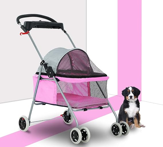 HHS Pet Stroller for Small Medium Dogs & Cats - 4 Wheel Foldable Jogger Travel Stroller Carrier with Removable Liner Storage Basket, Up to 35 LBS, Pink 30 x 19 x 36.8 Inch