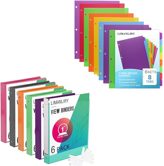 6 Pack 1 Inch Binders & 6 Sets 8 Tab Plastic Dividers