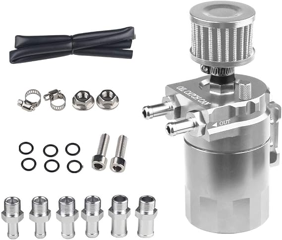 Oil Catch Can Air Oil Separator Reservoir Tank with Breather 300ml Aluminum | Polish Engine Air Oil Separator Tank Kit Universal (Silver)