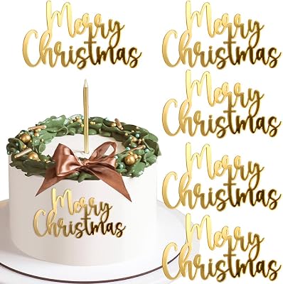 Mirror Gold Merry Christmas Cake Toppers - Acrylic & Side Cake Decorations Kit in Gold