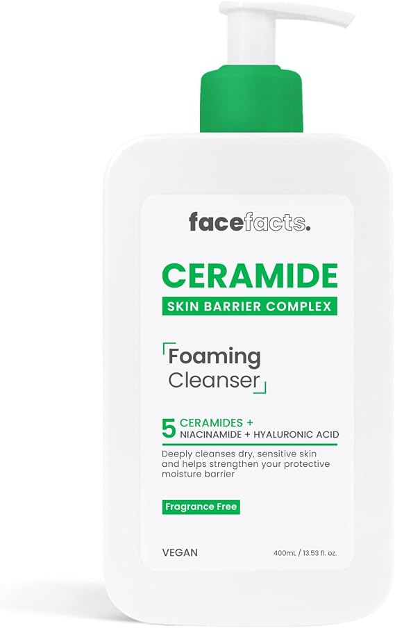 Face Facts Ceramide Foaming Cleanser; Deep cleanses, strengthens, 5 Ceramides plus Niacinamide, moisture locking Hyaluronic Acid; Helps strengthen protective skin barrier; Fragrance free; 400ml