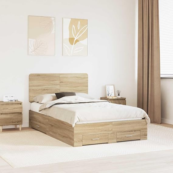Bed Frame with Drawer Sonoma Oak Engineered Wood 135 x 190 cm Double Size Storage Bed with Headboard and Slatted Base for Bedroom Modern Durable