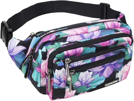 Oxpecker Waist Pack Bag, Black Base Floral, with Rain Cover