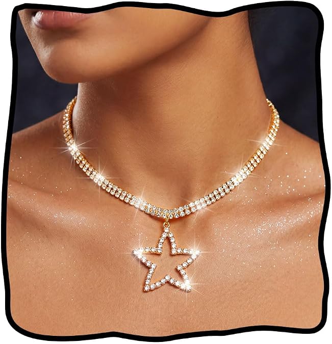 JEAIRTS Rhinestone Star Pendant Choker Necklace Sparkly Collar for Women