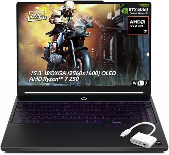 Lenovo Legion 5a 15AHP11 Gaming Laptop, 15.3" WQXGA (2560x1600) OLED 165Hz, AMD Ryzen 7 250, NVIDIA RTX 5060, 32GB DDR5 1TB SSD, Wi-Fi7, Backlit KB, Win11, Eclipse Black, USB Hub, W/GaLiMu