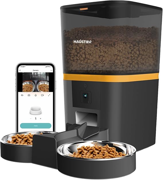 Haustier QQ005 Gece Görüşlü 480P Kameralı Akıllı Otomatik Kedi Mama Kabı, Tuya App-Wifi Uzaktan Kontrol, Sesle Çağırma, 6lt Hazne (Siyah)