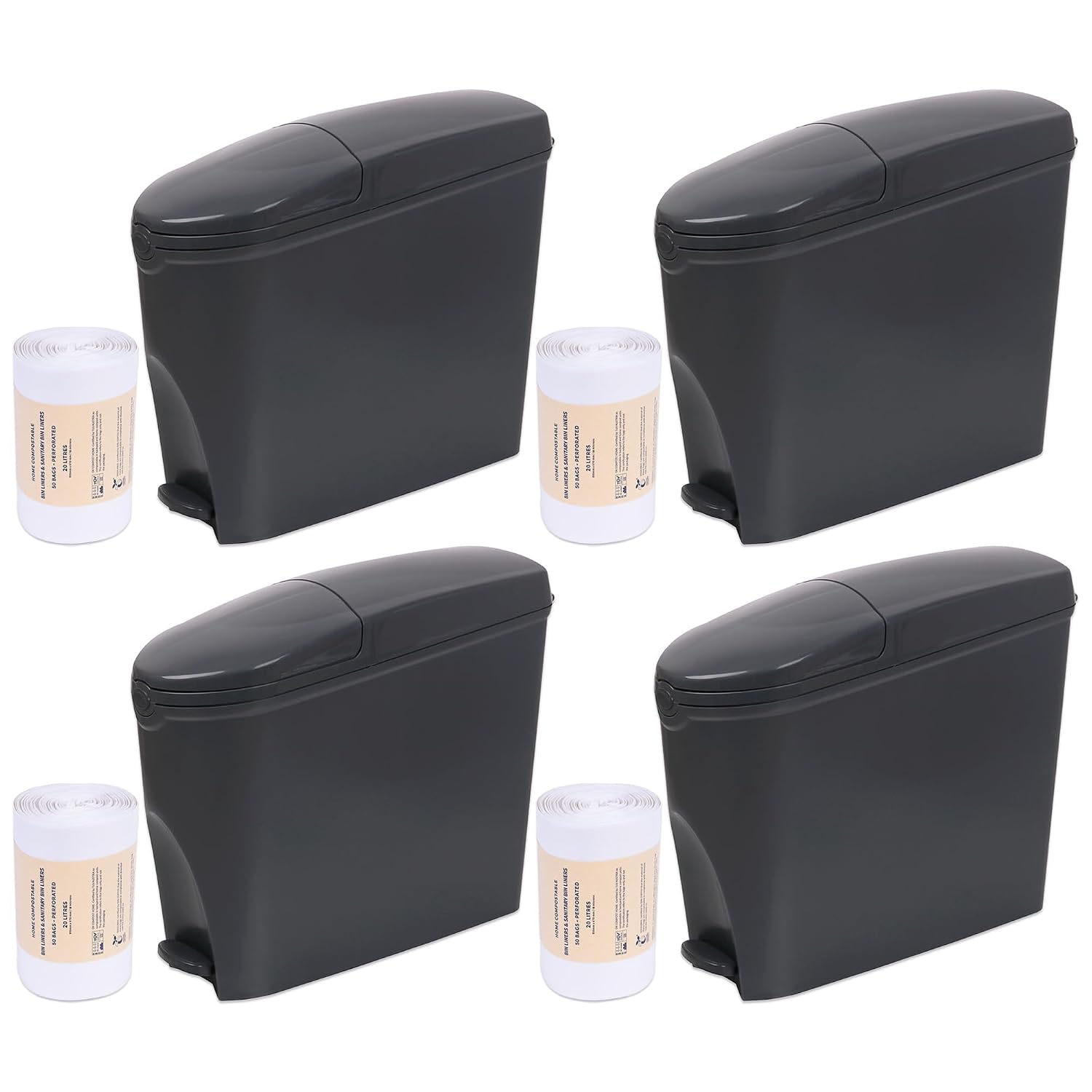 Sanitary Bin 20L & 200 Bin Liners - Slimline Washrooms Toilets Hygienic Disposal Pedal Container Bins for Female Ladies and Baby Hygiene Products - 20 litres Grey (4 Pack)