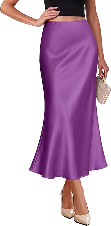 OFEEFAN Stain Skirts for Women Elegant High Waist Cocktail Party Midi Skirt