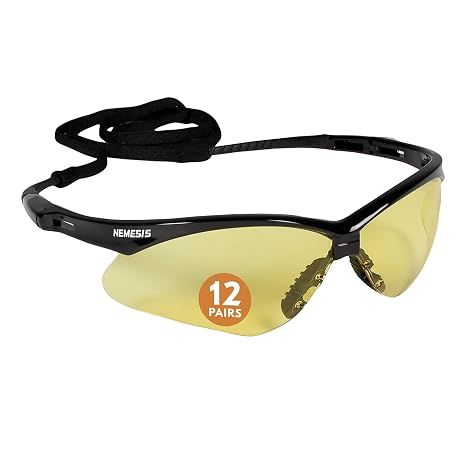 KleenGuardTM V30 NemesisTM Safety Glasses (25659), Amber (Yellow) Lenses, Black Frame, Unisex for Men and Women (Qty 12)