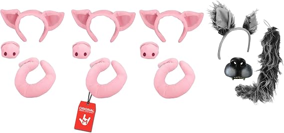 Morph 3 Pigs And Wolf Headband Tails Noses Costume Set, Pink/Gray, One Size