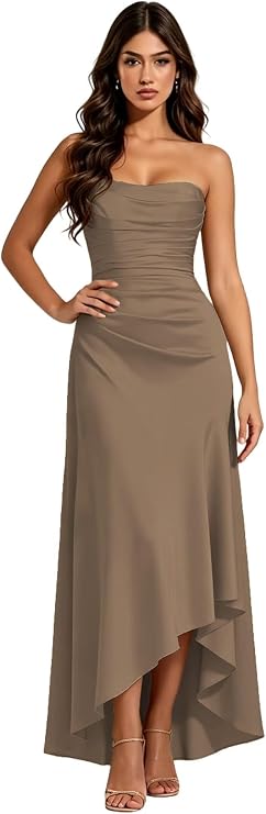 Strapless Prom Dresses for Girls Hi-Low Bridesmaid Dresses Satin Tea Length Mermaid Pleated Wedding Guest Dress