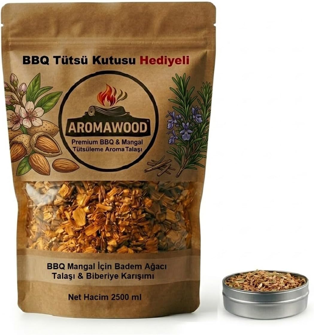 Aromawood Badem Ağacı Talaşı Biberiye Özlü Tütsüleme, Mangal ve BBQ için, 2500 ml. Tütsüleme Kutusu Hediyeli