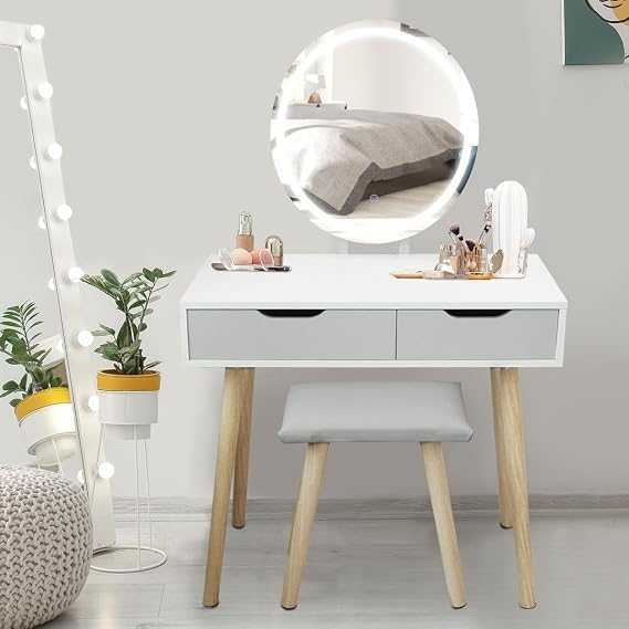 Alivio Hollywood Dressing Table Set with Stool & LED Oval Mirror - Glam Vanity Makeup Table 81 x 41 x 133cm (Grey)