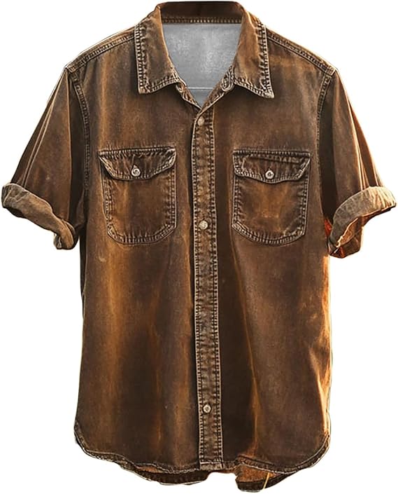 Men's Western Short Sleeve Button Down Twill Denim Shirts Snap Two Pocket Rero Cowboy Country Shirts