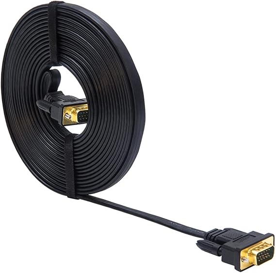 DTECH 10ft Ultra Thin Flat Computer Monitor VGA Cable 15 Pin Male to Male Connector SVGA Wire 10 Feet - Black