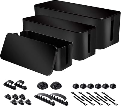 Cable Organizer Box Set of Three, Power Cover Cord Holder Surge Protector for Desk (Black)