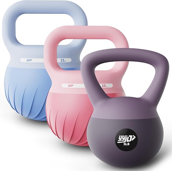 YYJO Soft Kettlebell - Shook Resistance Base Anti-Slip, Wide-Grip Handle 5/10/15 LBS Weights Strength and Safety for Women and Men Workout- Color Coded