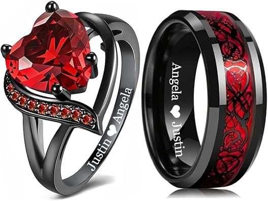 Custom Engraved Couple Rings Set Promise Rings for Him and Her Red and Black Matching Wedding Rings for Couples Engagement Rings Sets Celtic Dragon Tungsten Ring Red Ruby Rings for Women