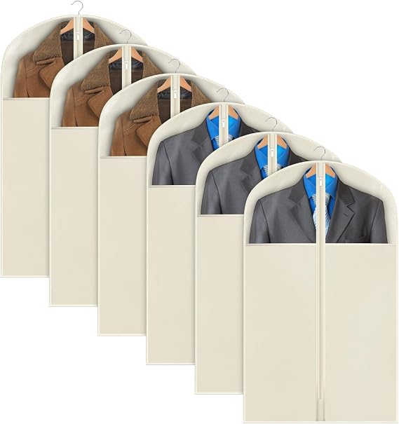 Univivi Garment Bag Suit Bag for Closet Storage, Beige, 40 Inch, Set of 6 | Travel Bag with Zipper and Visible Transparent Window, Oxford Fabrics, Foldable Washable Suit Cover for Jacket, Suits, Coats