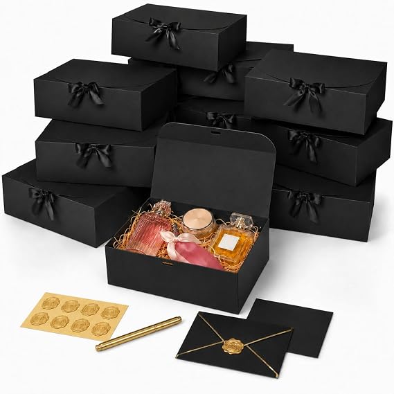 10 Pack Black Gift Boxes with Lids, Elegant Bridesmaid Proposal Boxes with Cards, Envelopes, Stickers & Pen for Wedding, Groomsmen, Birthday and Mother's Day, 10.6 x 8 x 3.1 Inch