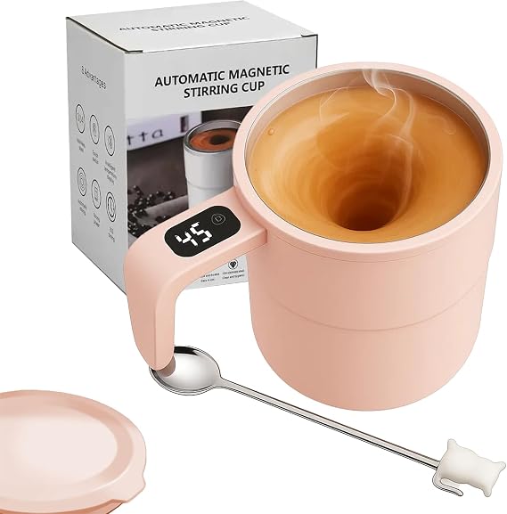 SpinBrew Mug Self-Stirring Magnetic Coffee Cup with Temp Display, 2026 Upgraded Automatic Magnetic Stirring Cup, Rechargeable Stirring Mug, for Coffee, Milk and Other Beverages (pink)