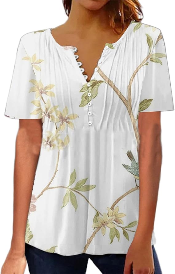 2023 New Womens Floral Short Sleeve Button V Neck Shirts Vintage Casual Blouse Ethnic Print Summer Tunic Top Loose