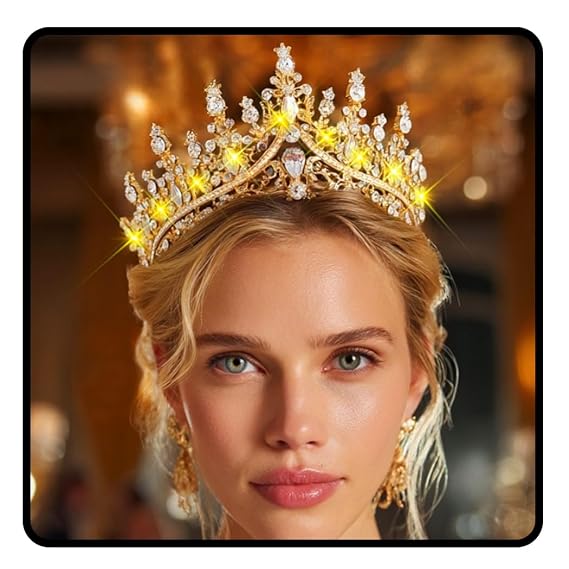 JEAIRTS Light Up Rhinestone Crown Gold Wedding Tiara Headpiece Led Crystal Bridal Hair Accessories for Women