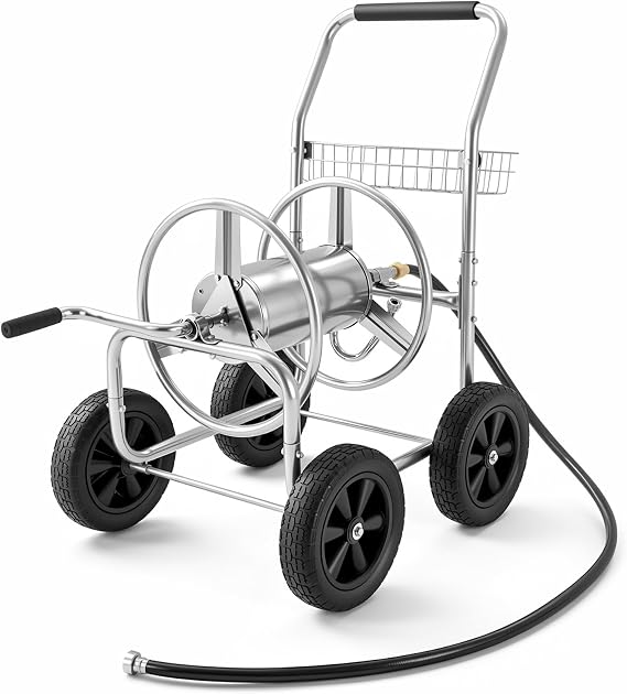 VEVOR Hose Reel Cart, Hold Up to 250 ft of 5/8 Hose, Garden Water Hose Carts Mobile Tools with 4 Wheels, Heavy Duty Powder-Coated Steel Outdoor Planting with Storage Basket, for Garden, Yard, Lawn