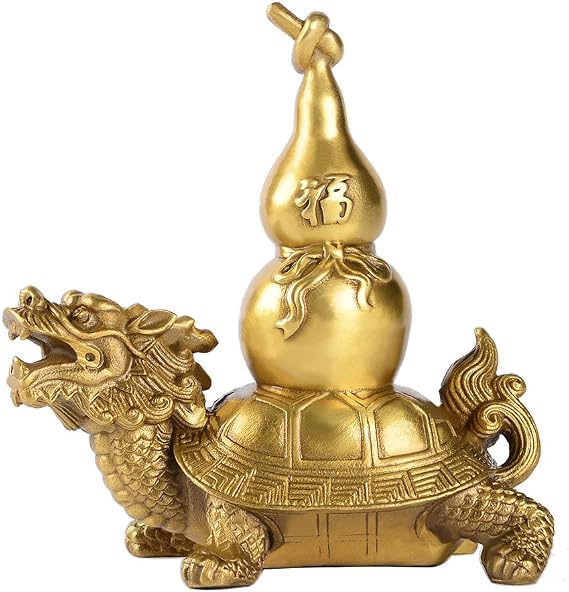 BRASSTAR Feng Shui Brass Statue Dragon Turtle Carrying Wulou/Hulu/Calabash Home Office Tabletop Decorative Talisman Housewarming Gift Collectible PTZY050