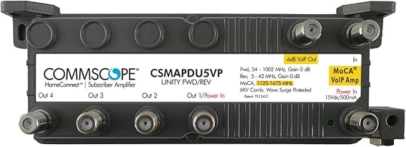 Commscope CSMAPDU5VPI 5-Port MoCA HomeConnect Passive VoIP Amplifier with MoCA Connectivity, Unity Forward/Reverse, with Power inserter, Faster Internet Phone Comcast Xfinity (5-Port Moca, Gray)