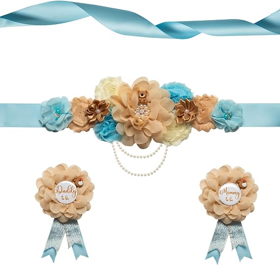 Teddy Bear Maternity Sash Set Daddy and Mommy to be sash Corsage Pin Flowers Baby Shower Souvenir Sash Supplies Gender Reveal Decorations Pregnancy Photography Props(SkyBlue Color)